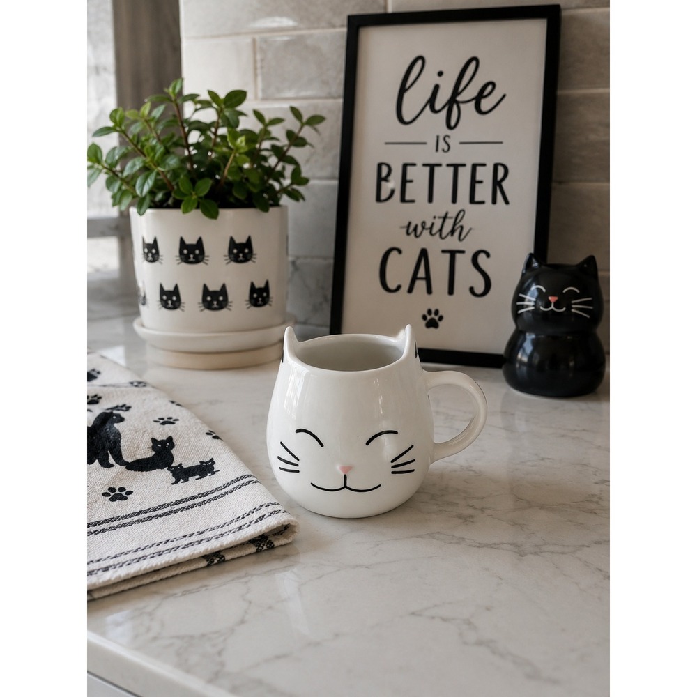 World Market White Ceramic Cat Face Mug with Ears and Interior Paw Print